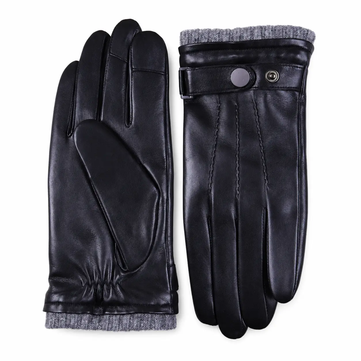 Black men's leather dress gloves with grey knitted cuff and adjustable wrist strap