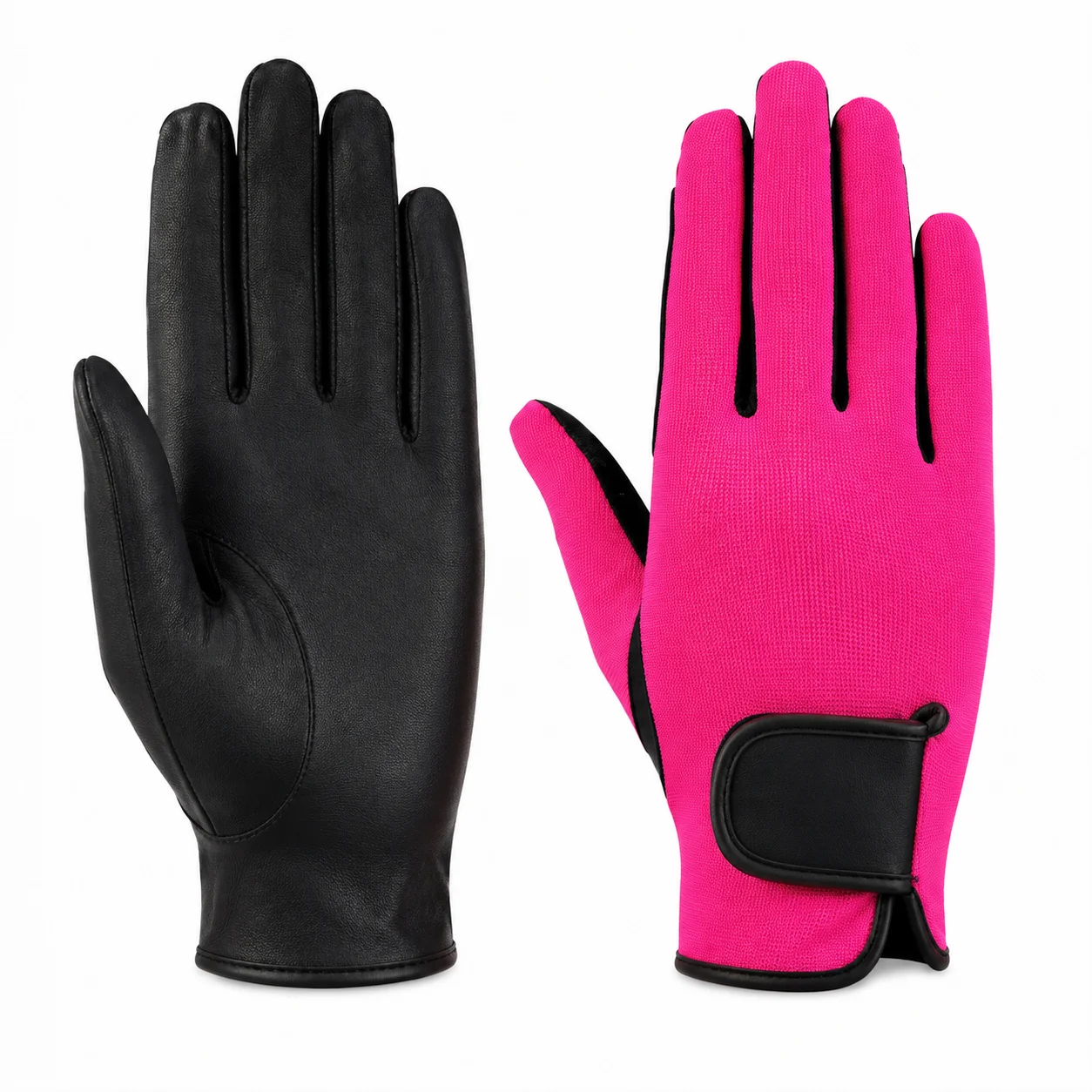 Black synthetic leather and pink breathable knit-flex equestrian gloves, showing reinforced palm and adjustable hook-and-loop wrist strap.
