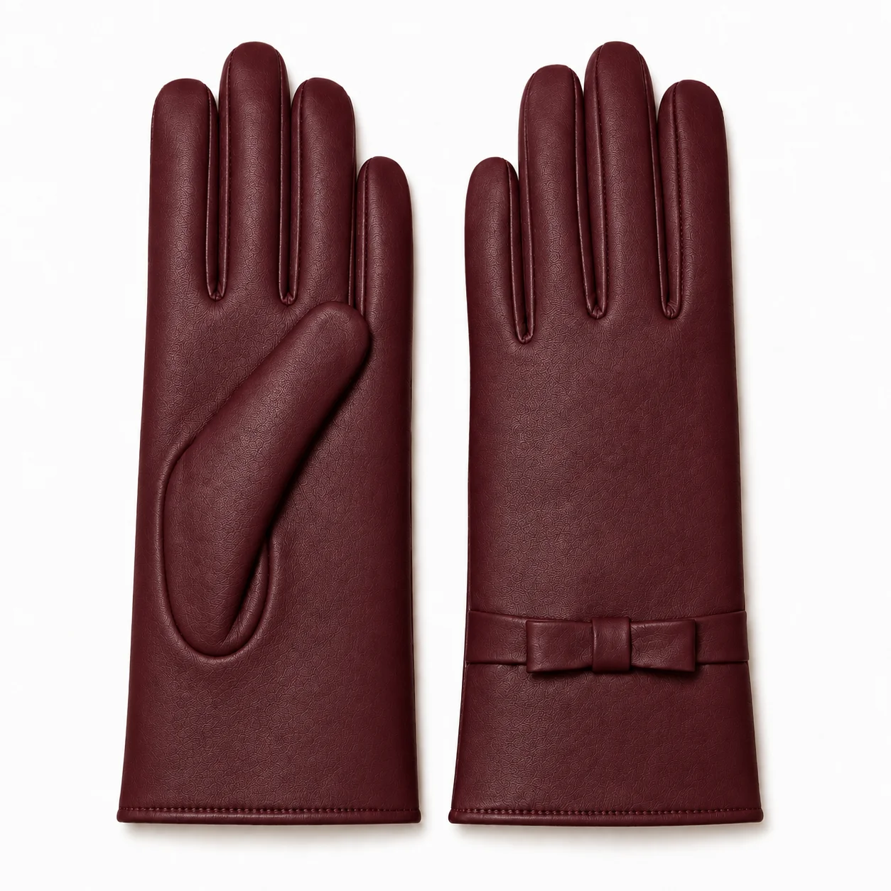 women’s leather gloves with bow detail in wine burgundy