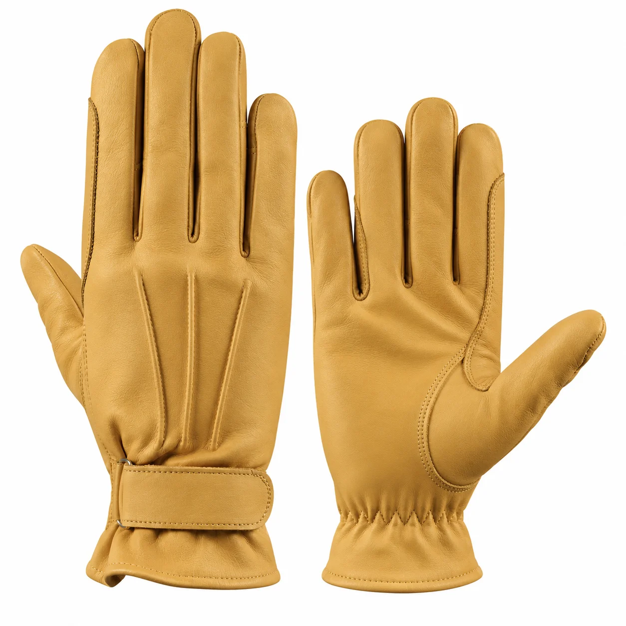 Camel-tan unlined cowhide horseback riding gloves showing index-finger rein guard, gathered wrist, and hook-and-loop closure.