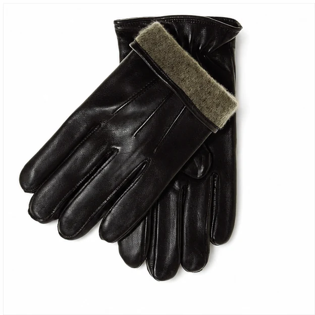 dark men’s leather gloves with soft shearling-style cuff