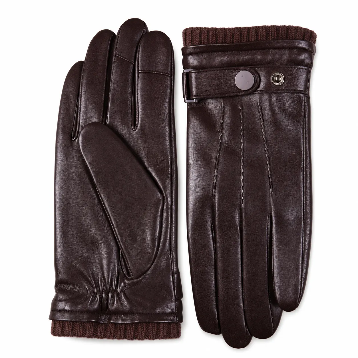 Men's brown leather dress gloves with knitted cuff and adjustable wrist strap