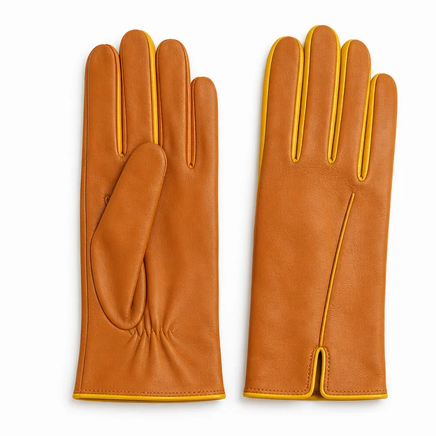 cognac leather gloves with refined piped cuff detail