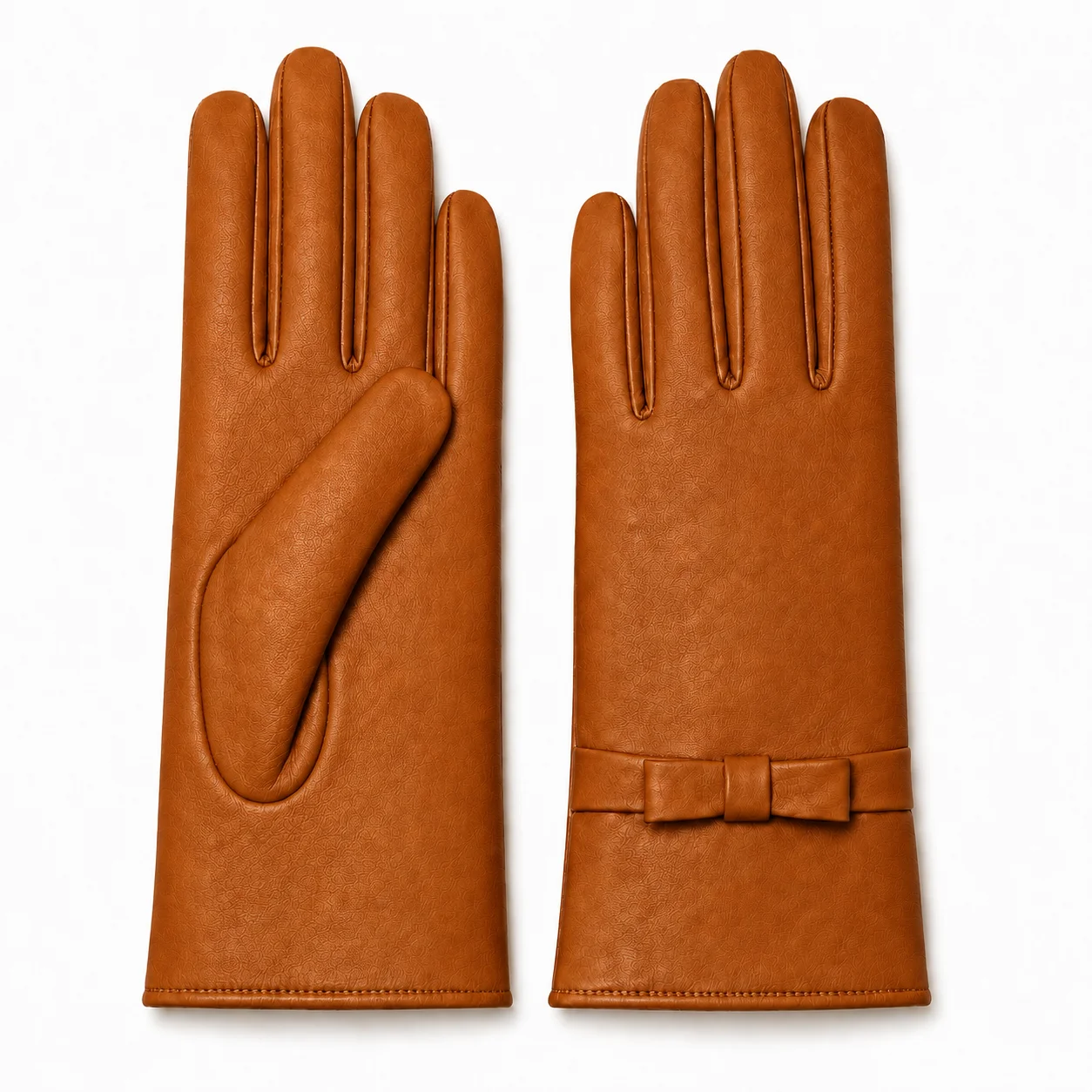 women’s leather gloves with bow detail in cognac tan