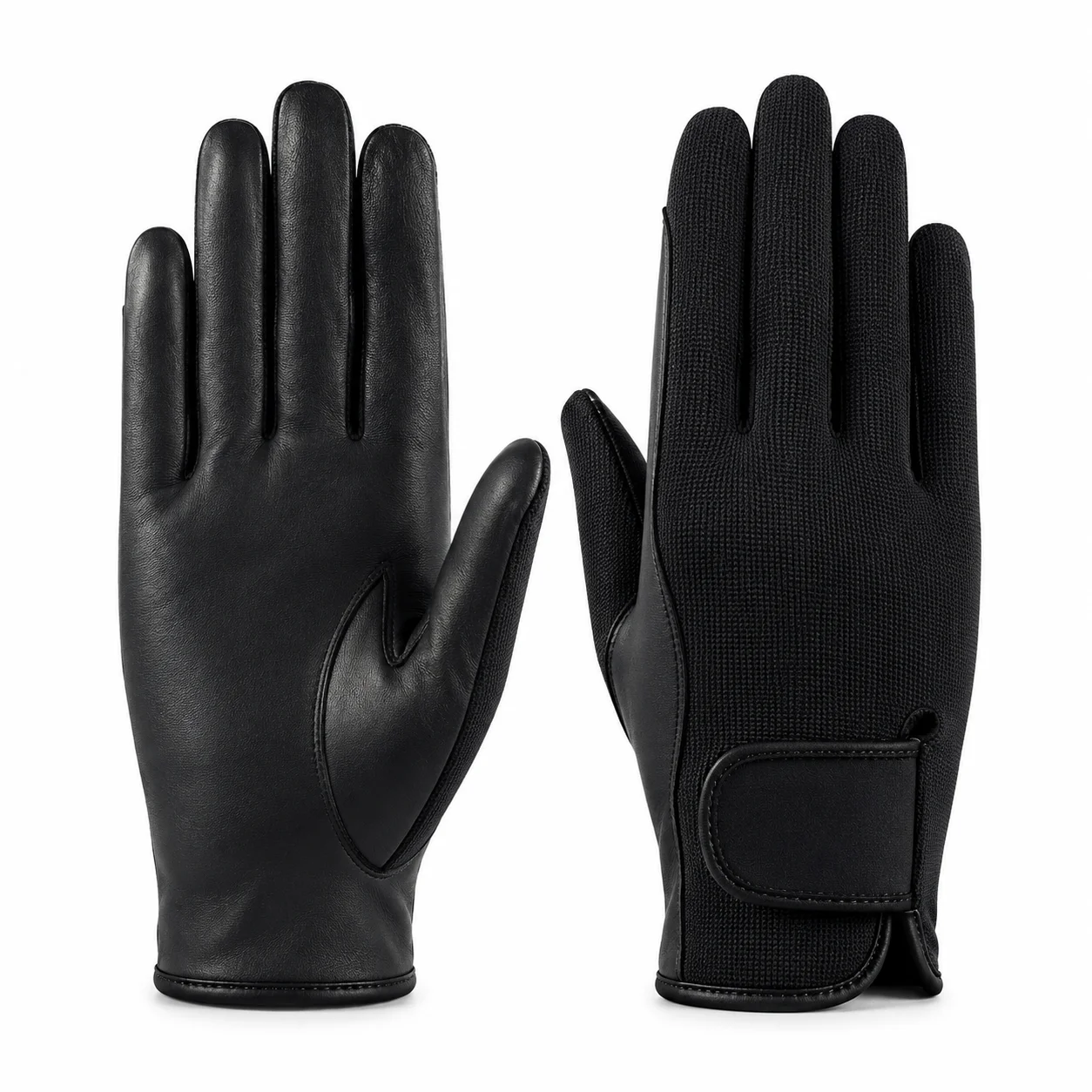 Black synthetic leather and black breathable knit-flex equestrian riding gloves, showing reinforced palm and adjustable hook-and-loop wrist strap