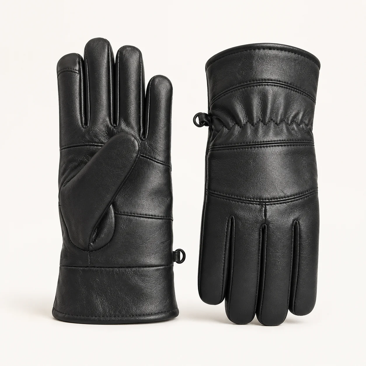 Black women’s reclaimed leather dress gloves with gathered cuff and stitched back detail