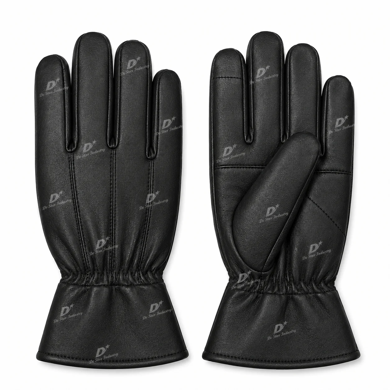 Men’s classic sheepskin reclaimed leather dress gloves, gathered wrist, rolled-edge cuff, and touchscreen index fingertip