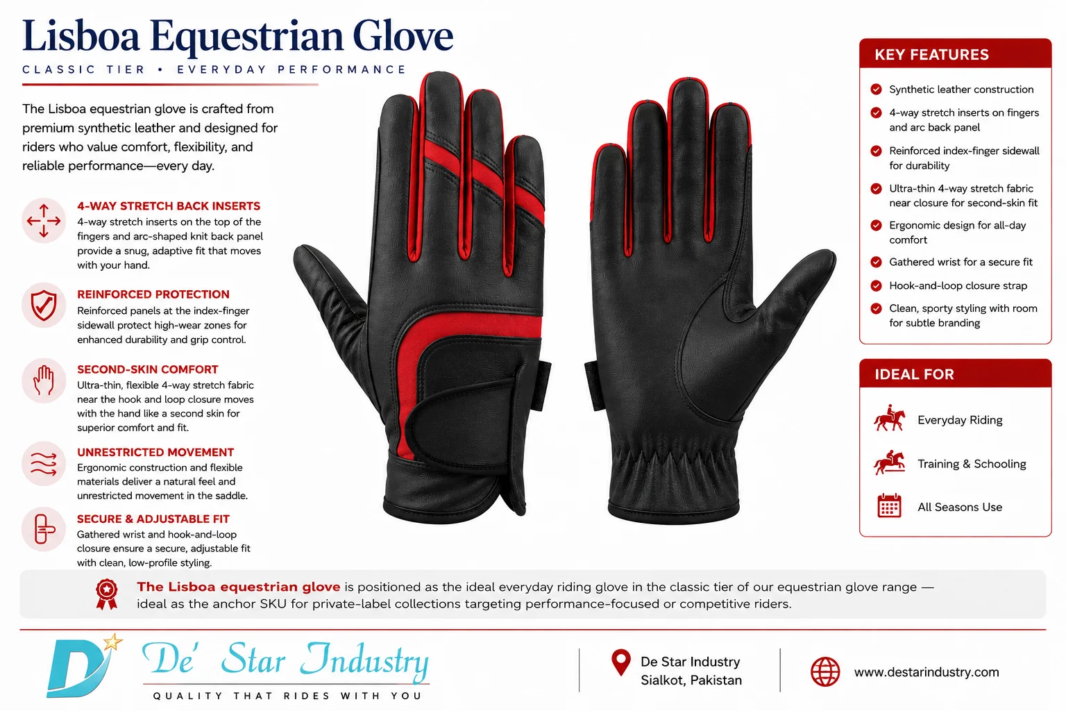 Lisboa black and red synthetic leather equestrian riding gloves - features and specifications