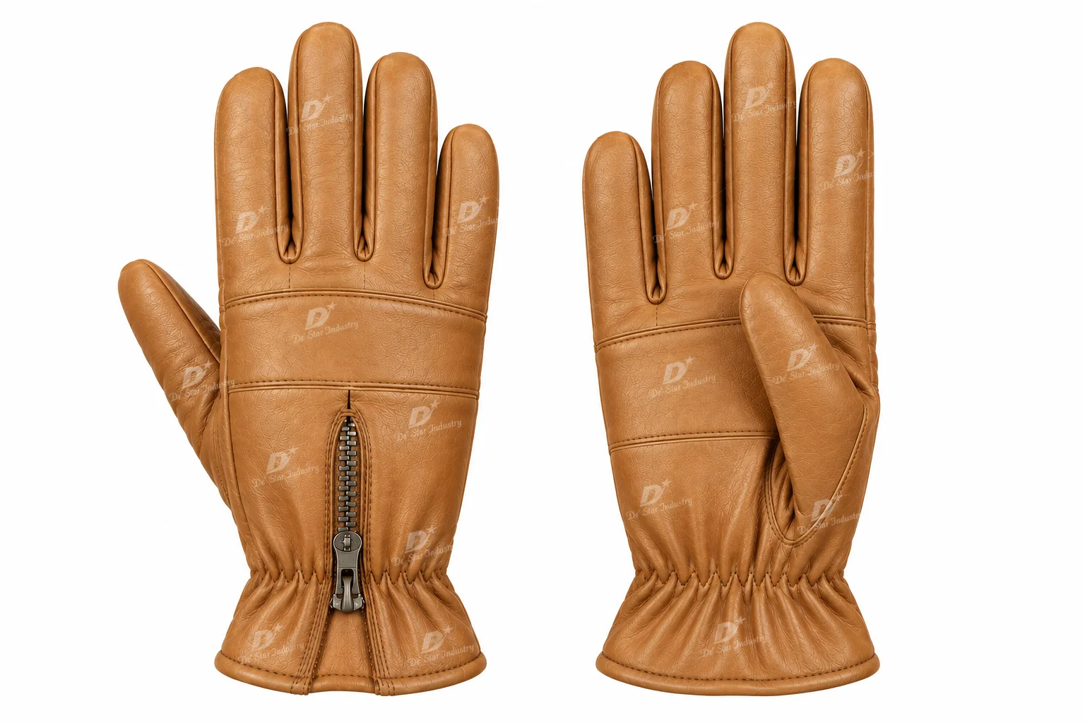 camel men’s sheepskin leather dress gloves with vertical back zipper and gathered wrist cuff, palm and back views