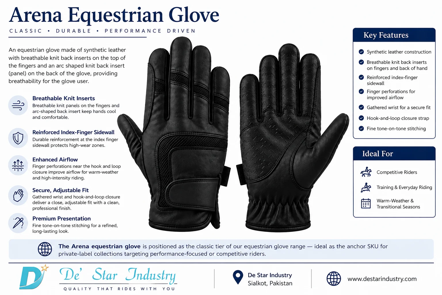Arena black synthetic leather equestrian riding gloves - features and specifications