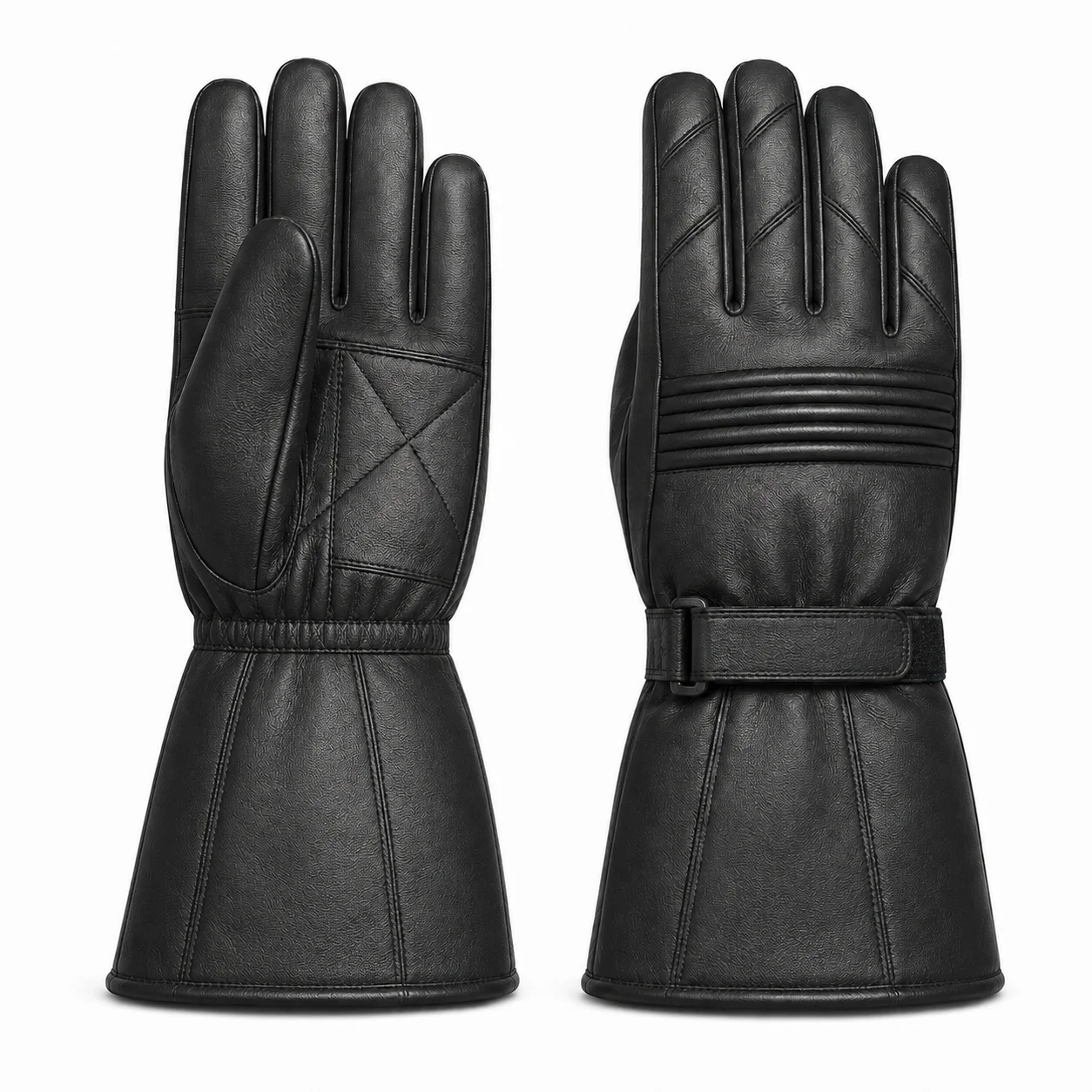 Men’s black reclaimed leather gauntlet winter sports gloves with ribbed knuckle panel and adjustable wrist strap